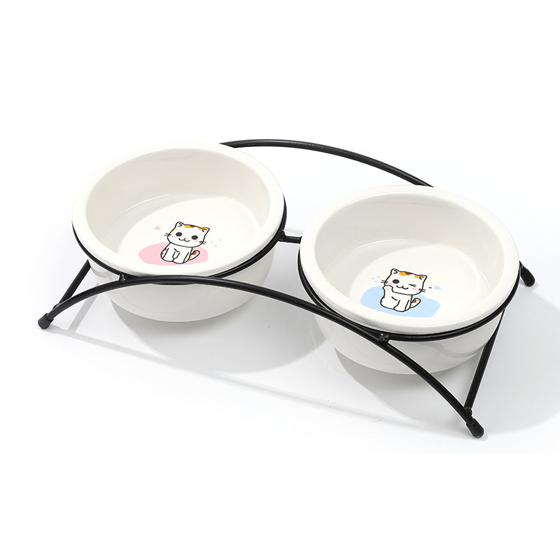 Wholesale Cartoon Pet Ceramic Bowl Iron Frame Double Bowl Dog Food Bowl