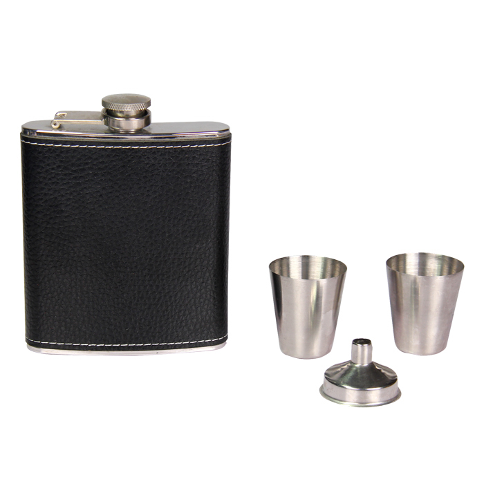 High Quality Black Hip Flask Leather Covered Hip Flask Stainless Steel Gift Set
